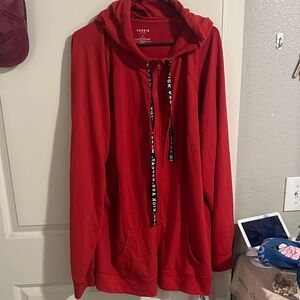 Torrid Vibrant Red Hoodie with Black Drawstrings and thumb holes